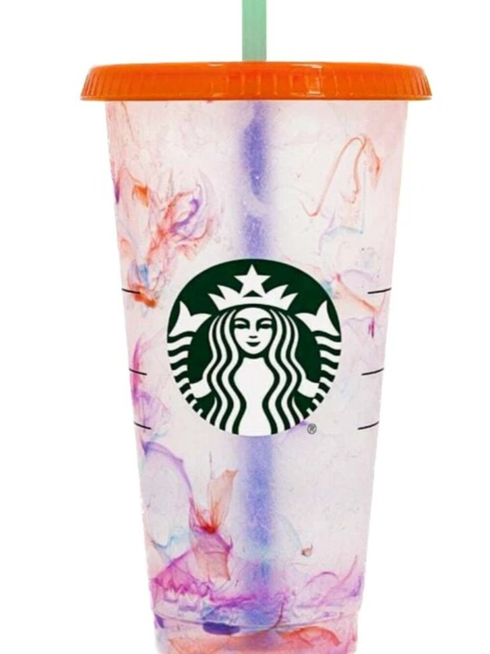 Starbucks 2021 Color Changing Confetti Swirl 24 oz Reusable Cold Cup Orange Lid